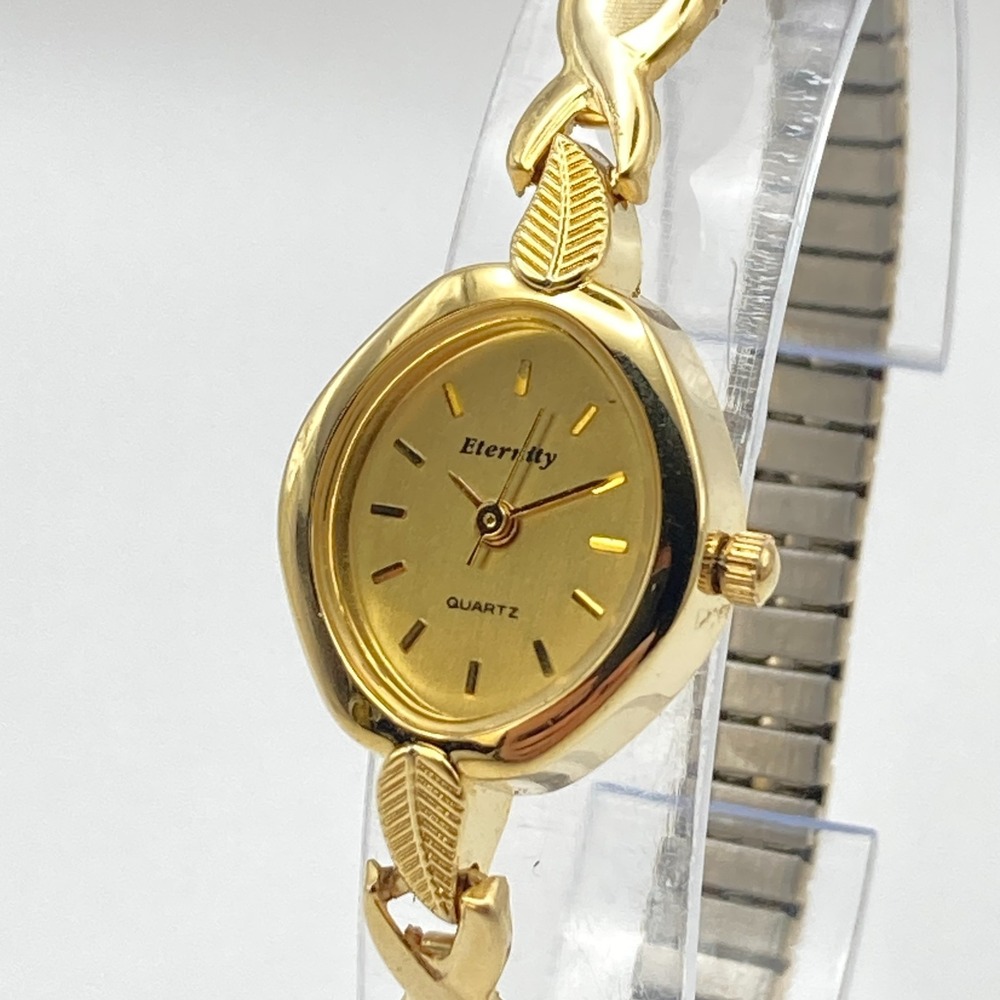 Vtg Eternity Womens Watch Gold Tone Leaf 18mm Oval Stretch Band New Battery 6.5"